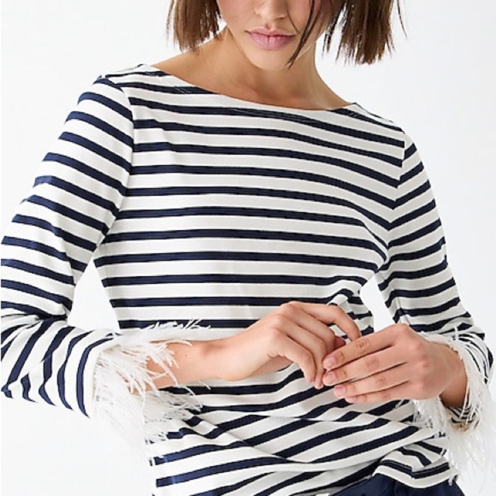J. Crew Navy and White Boxy Embellished 3/4 Sleeve Top